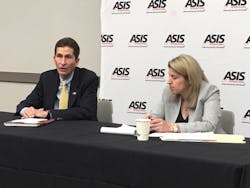 Scott Breor, Acting Deputy Assistant Secretary for Infrastructure Protection, and Amy Graydon, Deputy Director of the Infrastructure Security Compliance Division (ISCD) in the National Protection and Programs Directorate address members of the media on Wednesday at GSX 2018.