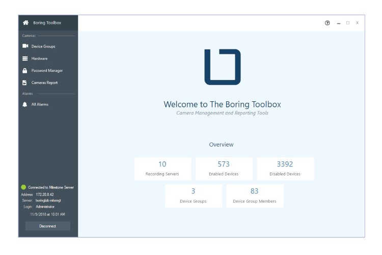 The new Boring Toolbox app from The Boring Lab features a series of functional tools that help enterprises and integrators more efficiently manage video surveillance deployments that leverage Milestone System's XProtect VMS software.