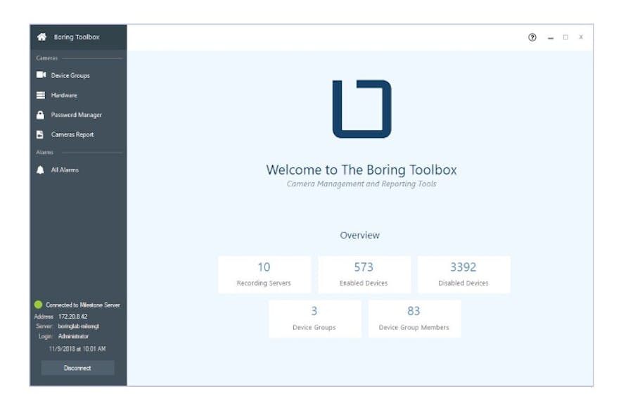 The new Boring Toolbox app from The Boring Lab features a series of functional tools that help enterprises and integrators more efficiently manage video surveillance deployments that leverage Milestone System&apos;s XProtect VMS software.