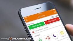 Using the Alarm.com app, property owners can now trigger a panic alert notifying their monitoring station that they need help at their home or business. They can also verify an alarm event to expedite emergency response, or cancel a false alarm from anywhere. Using the Alarm.com app, property owners can now trigger a panic alert notifying their monitoring station that they need help at their home or business. They can also verify an alarm event to expedite emergency response, or cancel a false alarm from anywhere.