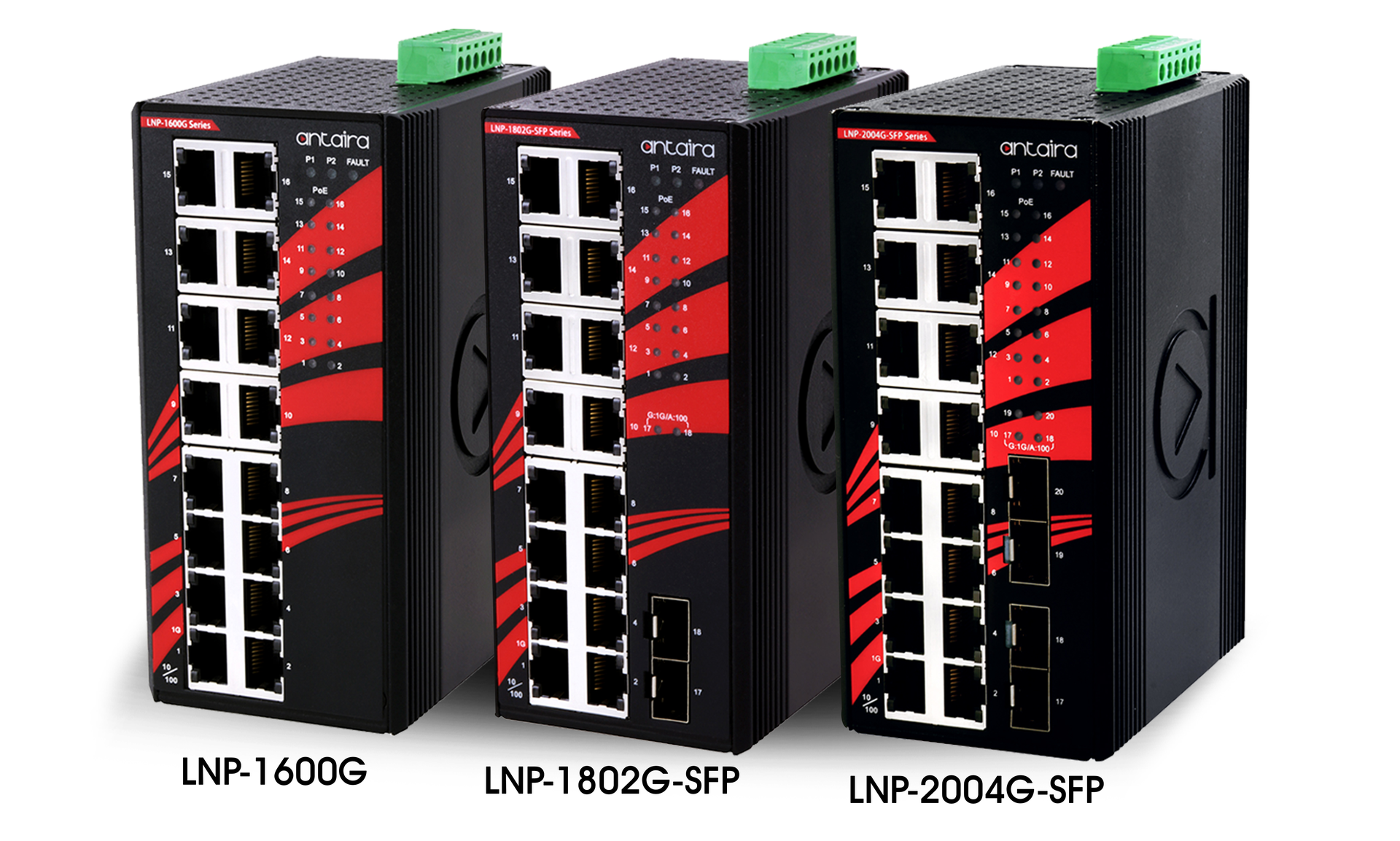 Antaira Technologies&rsquo; LNP-1600G, -1802G-SFP, and -2004G-SFP series are the latest industrial Gigabit unmanaged Ethernet switch series that offer high density for sixteen full gigabit Ethernet ports (-1600G, -1802G-SFP, and -2004G-SFP) with each port supporting PSE maximum of 30W and have two or four SFP gigabit fiber slots (-1802G-SFP and -2004G-SFP) for long distance connectivity.