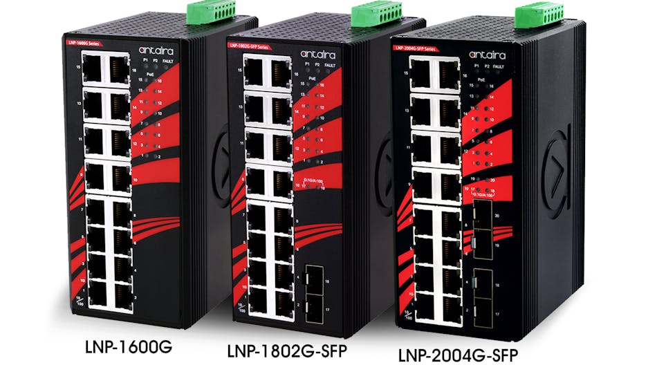 Antaira Technologies&rsquo; LNP-1600G, -1802G-SFP, and -2004G-SFP series are the latest industrial Gigabit unmanaged Ethernet switch series that offer high density for sixteen full gigabit Ethernet ports (-1600G, -1802G-SFP, and -2004G-SFP) with each port supporting PSE maximum of 30W and have two or four SFP gigabit fiber slots (-1802G-SFP and -2004G-SFP) for long distance connectivity.