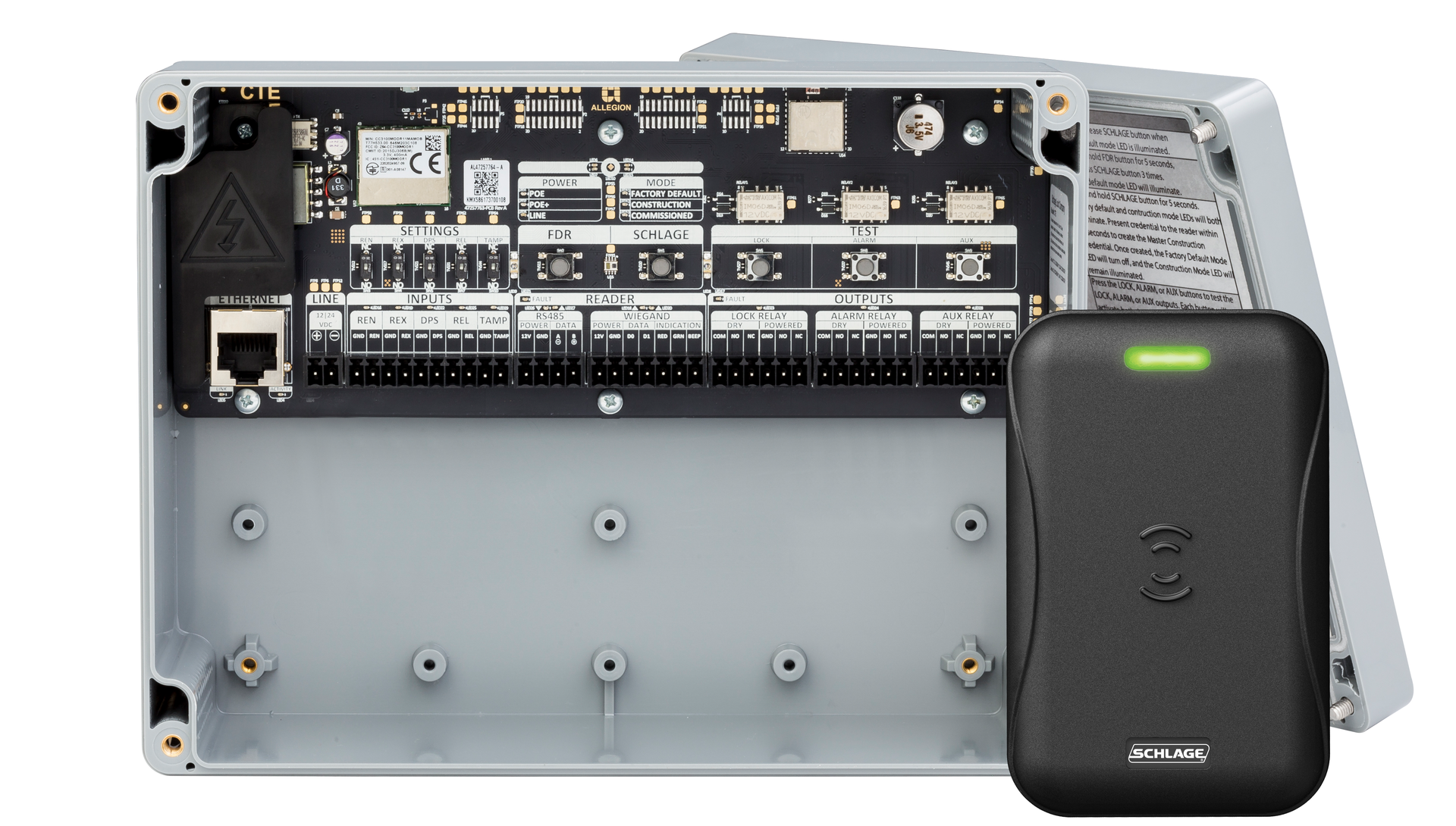 The Schlage&circledR; CTE single door controller with multi-technology reader kit allows customers to manage all of their connected openings in one system, with one credential.