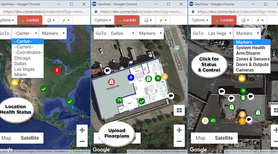 Connected Technologies LLC has released GeoView, a new feature that adds the power of Google Maps to the award-winning Connect ONE&circledR; cloud-hosted security management platform. GeoView allows users to see the status for all locations instantly in a wide-area satellite map and drill down into each location for real-time alarm, health and system monitoring and control. With GeoView, dealers can offer different levels of managed services while the end-user easily interacts with the solution, making for a stickier offering with recurring monthly revenue.