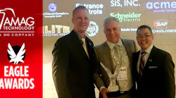 AMAG Technology, Senior Director of Global Sales, Justin Wilmas and President, Kurt Takahashi (right) congratulate OHM Security President/Manager, Maurice Daoust (middle) on his Eagle Award for Eastern Canada.