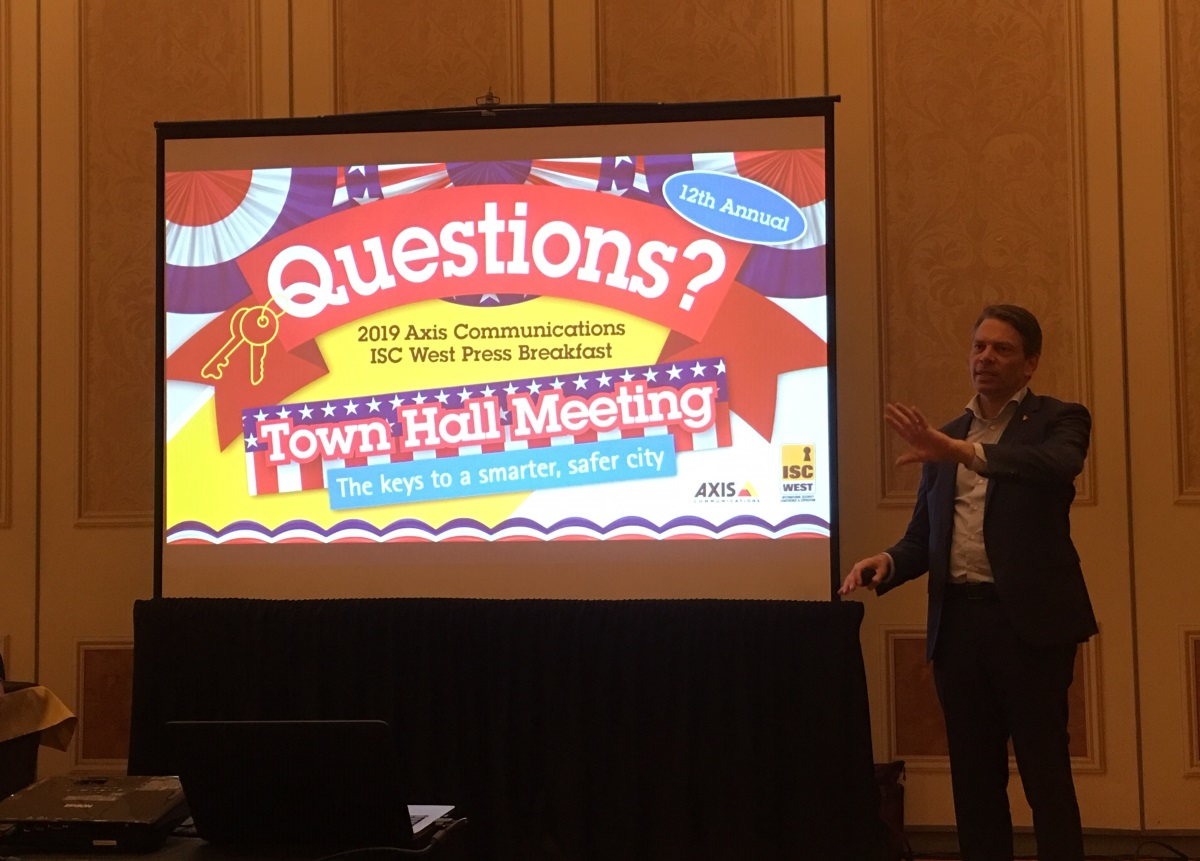 Fredrik Nilsson, Vice President for the Americas at Axis Communications, addresses members of the media at ISC West 2019 on Wednesday.