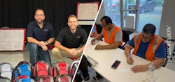 Hikvision employees Anthony Martinez and Shane Nikov in front of 700 backpacks filled with school supplies by volunteers and donated to students at Crosspointe Elementary School in Boynton Beach, Fla. Hikvision employees Anthony Martinez and Shane Nikov in front of 700 backpacks filled with school supplies by volunteers and donated to students at Crosspointe Elementary School in Boynton Beach, Fla.