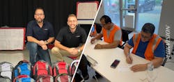 Hikvision employees Anthony Martinez and Shane Nikov in front of 700 backpacks filled with school supplies by volunteers and donated to students at Crosspointe Elementary School in Boynton Beach, Fla.