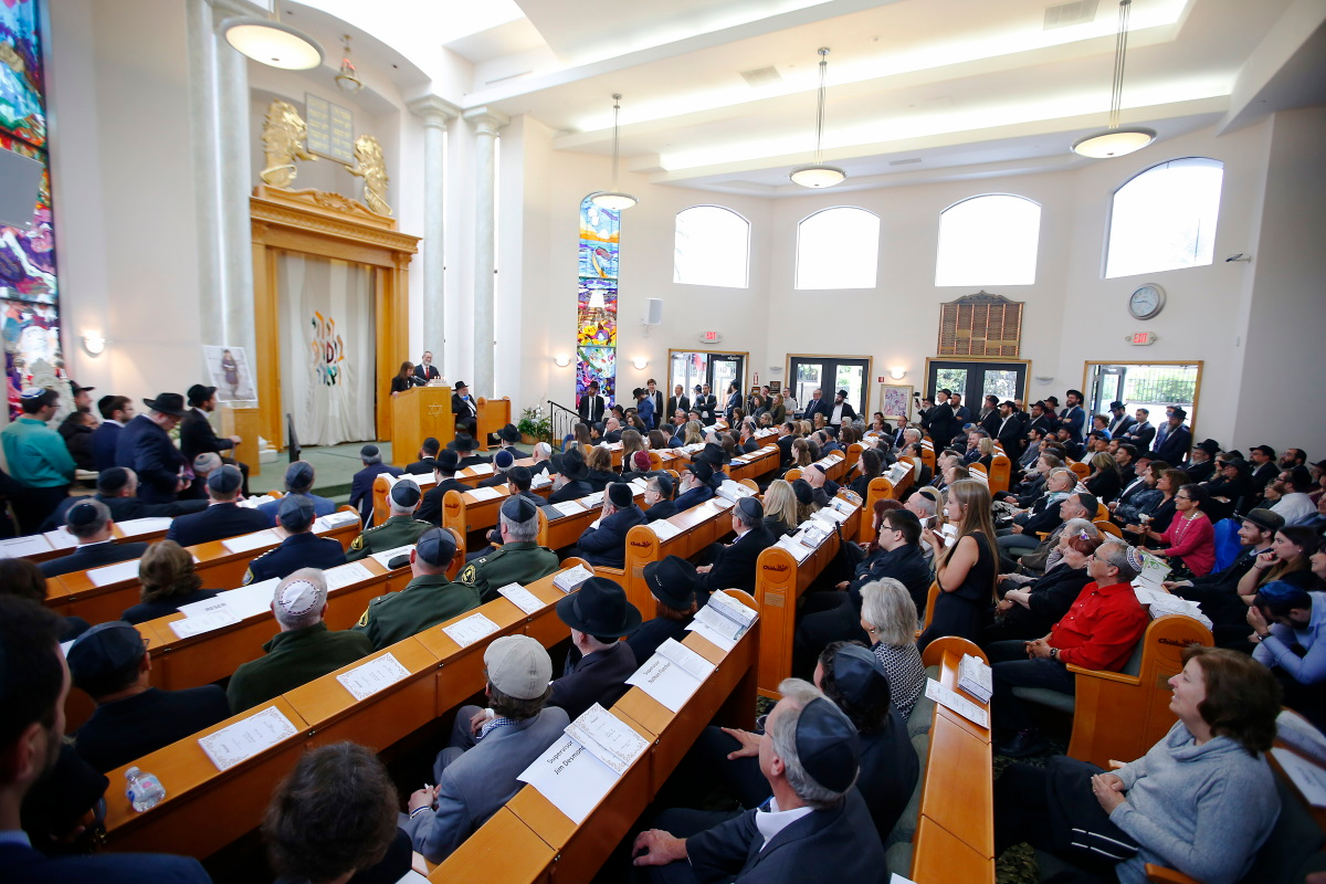 Hundreds of people attended a service for Lori Gilbert-Kaye, 60, at the Chabad of Poway on April 28, 2019 in Poway, Calif. Gilbert-Kaye was killed by a gunman at the synagogue.