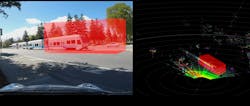 The image pictured above (visible image spectrum on the left and lidar 3D recreation on the right) shows how Cepton&apos;s lidar technology can be used to create virtual 3D safety zones.