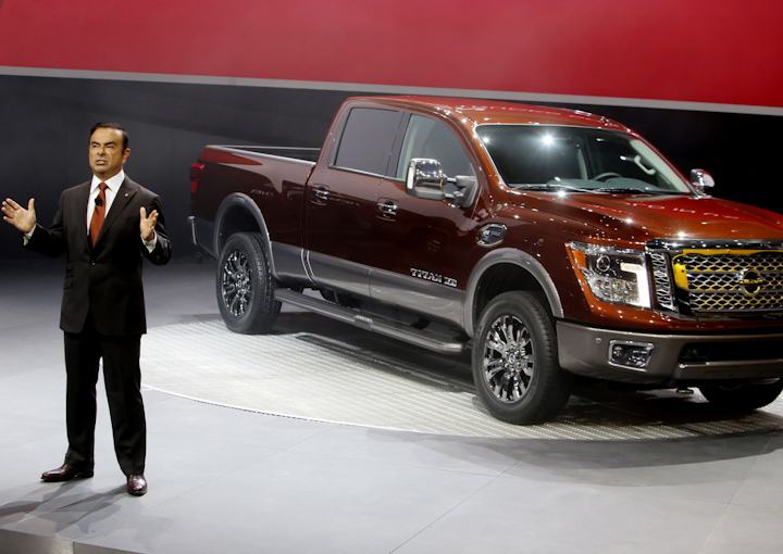 Carlos Ghosn, President and Chief Executive Officer of Nissan, introduces the 2016 Nissan Titan to the media during the North American International Auto Show at Cobo Center in Detroit on January 12, 2015.
