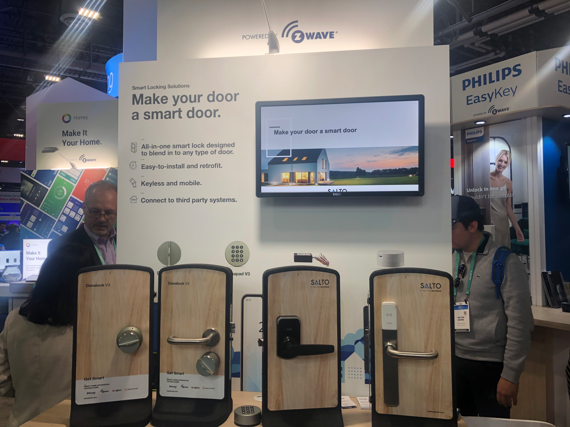 In the Z-Wave Pavilion, Salto Systems launched its first products for the North American residential access control market with the Danalock products (the two locks on the left).