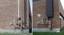 This before and after photo shows utility piping on the outside of a facility that could have provided unauthorized roof access (left) and how the facility address the issue by covering it with sheet metal (right).