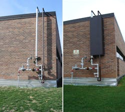 This before and after photo shows utility piping on the outside of a facility that could have provided unauthorized roof access (left) and how the facility address the issue by covering it with sheet metal (right). This before and after photo shows utility piping on the outside of a facility that could have provided unauthorized roof access (left) and how the facility address the issue by covering it with sheet metal (right).