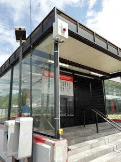 The totems each contain an enclosure on top that holds a 4G router. They also include two Eagle Eye cameras and a red emergency panic button. The totems each contain an enclosure on top that holds a 4G router. They also include two Eagle Eye cameras and a red emergency panic button.