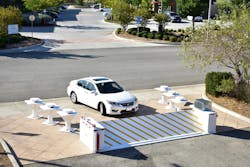 Delta's totally self-contained MP5000 mobile deployable vehicle crash barriers now carry an ASTM rating as high as M50, able to stop and disable a 15,000 lb (66.7 kN) G.V.W. vehicle moving at 50 mph (80.4 kph). Delta's totally self-contained MP5000 mobile deployable vehicle crash barriers now carry an ASTM rating as high as M50, able to stop and disable a 15,000 lb (66.7 kN) G.V.W. vehicle moving at 50 mph (80.4 kph).