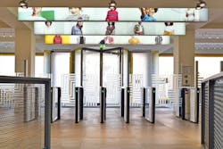 32-41 West Street, a retail headquarters building in Reading, United Kingdom, has upgraded the building’s entrance with an energy-saving revolving door and an array of optical turnstiles from Boon Edam for increased lobby security. 32-41 West Street, a retail headquarters building in Reading, United Kingdom, has upgraded the building’s entrance with an energy-saving revolving door and an array of optical turnstiles from Boon Edam for increased lobby security.