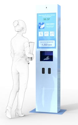 LG&apos;s Wellness Kiosks will tell a patron if they have a high temperature, as well as dispense hand sanitizer and masks.