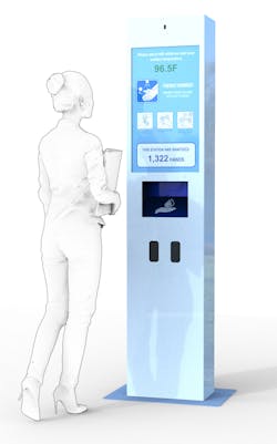 LG's Wellness Kiosks will tell a patron if they have a high temperature, as well as dispense hand sanitizer and masks. LG's Wellness Kiosks will tell a patron if they have a high temperature, as well as dispense hand sanitizer and masks.