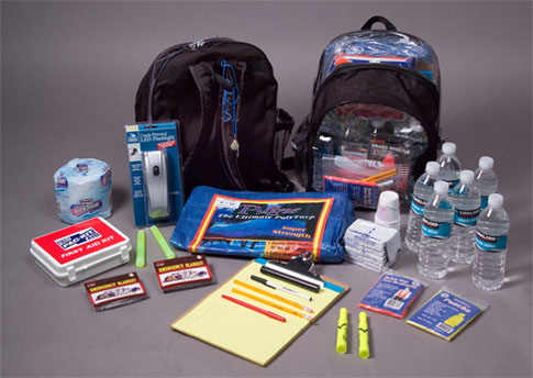 Many schools today keep backpacks outfitted with a variety of supplies stored in classrooms in the event of an active shooter or other emergency event.