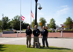 From left-to-right: Capt. Jeff Barrett, Executive Officer for the Richmond County Marshal&apos;s Office, Brett Cooke, Senior Project Manager at A3 Communications, and Lt. Steven Douglas of the Richmond County Marshal&apos;s Office security division, stand outside the Augusta-Richmond County Judicial Center.