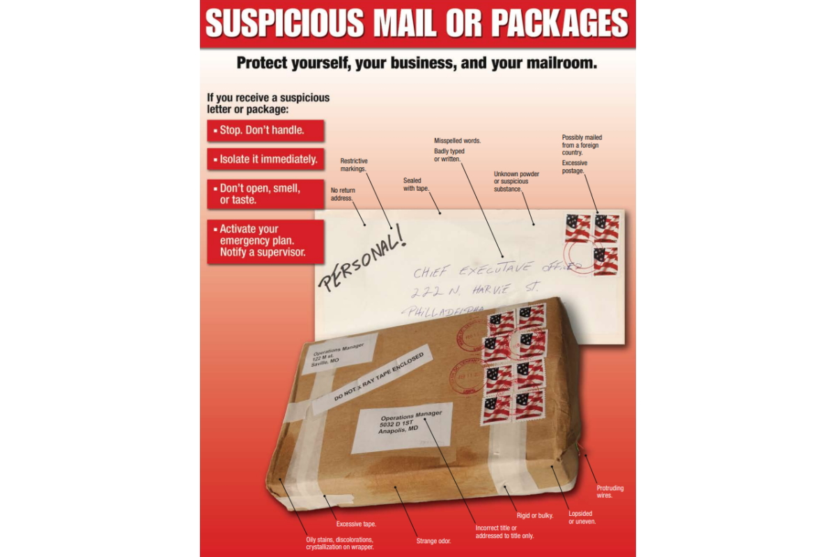 In his latest 'Mitigating Mistakes' column, SIW contributor Paul Timm encourages organizations to place instructional signage, such as the USPS poster pictured above, in their mailrooms to help provide employees with instructions on what to do should they encounter a suspicious package.