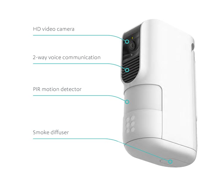 Integrated FogShield includes motion detection, video recording, two-way voice capabilities, and a smoke diffuser that fills a room with a harmless but disorienting smoke.