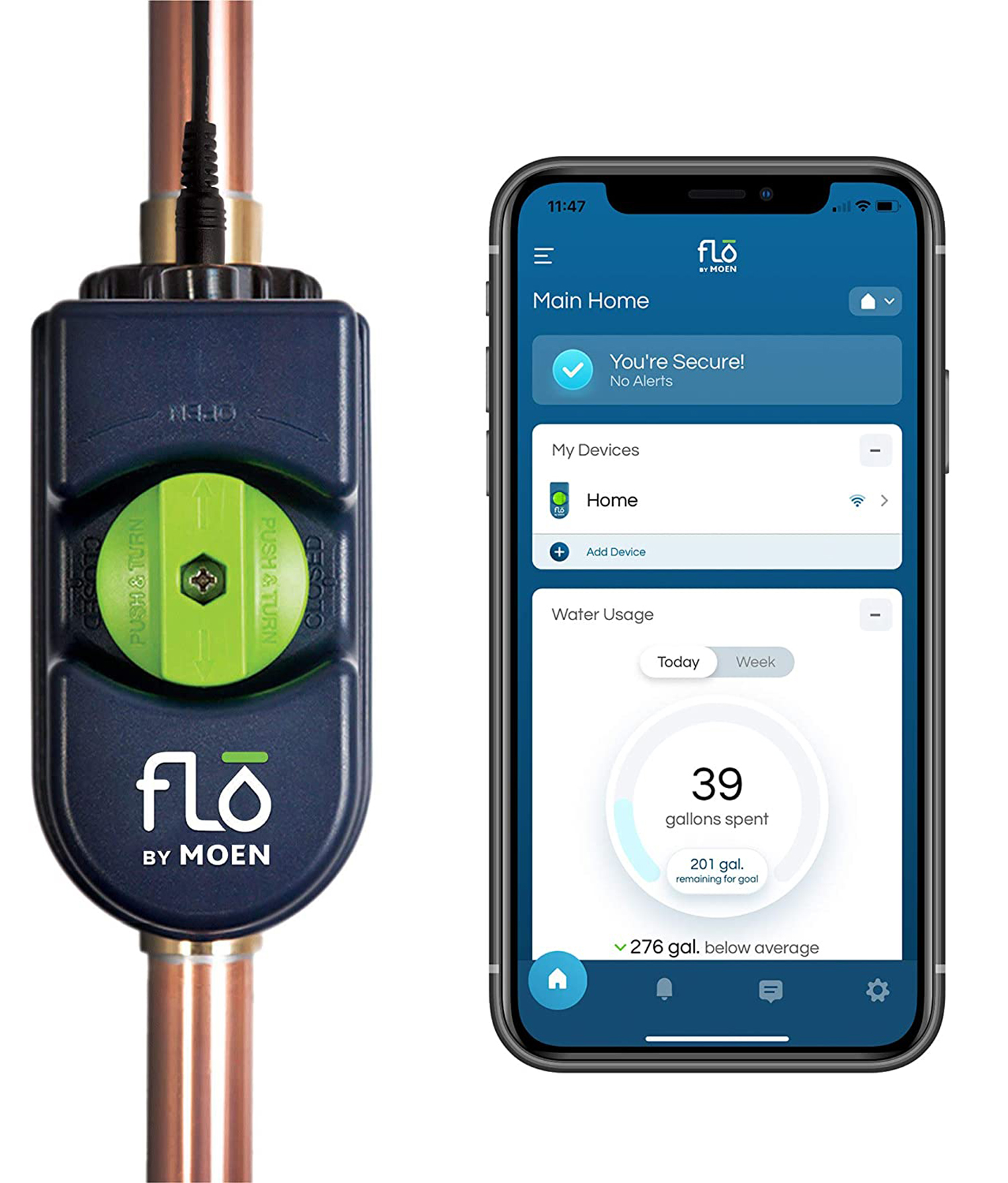 Flo by Moen Smart Water Shutoff &mdash; a leak detection and water monitoring device that's installed on the water lines going into the home and can automatically turn off the water to the home if a leak or risk are detected.