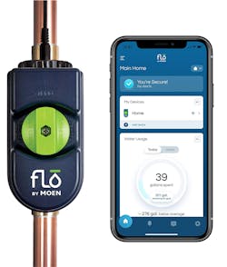 Flo by Moen Smart Water Shutoff &mdash; a leak detection and water monitoring device that&apos;s installed on the water lines going into the home and can automatically turn off the water to the home if a leak or risk are detected.