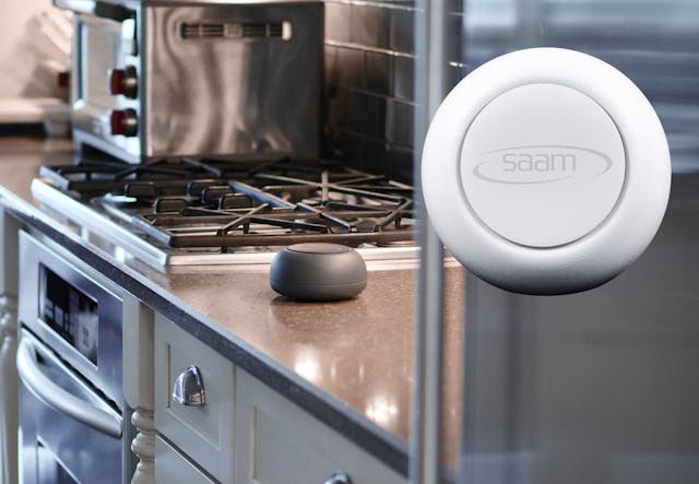 SAAM&apos;s revolutionary smoke detectors are available in ceiling-mount (pictured in white), as well as countertop versions (pictured in black).