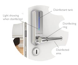 A closer look at CleanMotion's “immediate self-disinfecting door handle.” A closer look at CleanMotion's “immediate self-disinfecting door handle.”