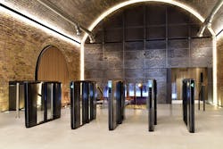 The River Building, a commercial space located in London, has installed an array of slim Speedlane Swing optical turnstiles from Boon Edam to control entry. The River Building, a commercial space located in London, has installed an array of slim Speedlane Swing optical turnstiles from Boon Edam to control entry.