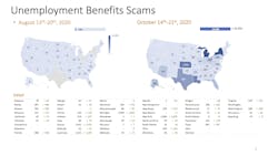This map, developed by Maimon and his team, shows how fraud involving unemployment benefits increased between August 2020 and October 2020.