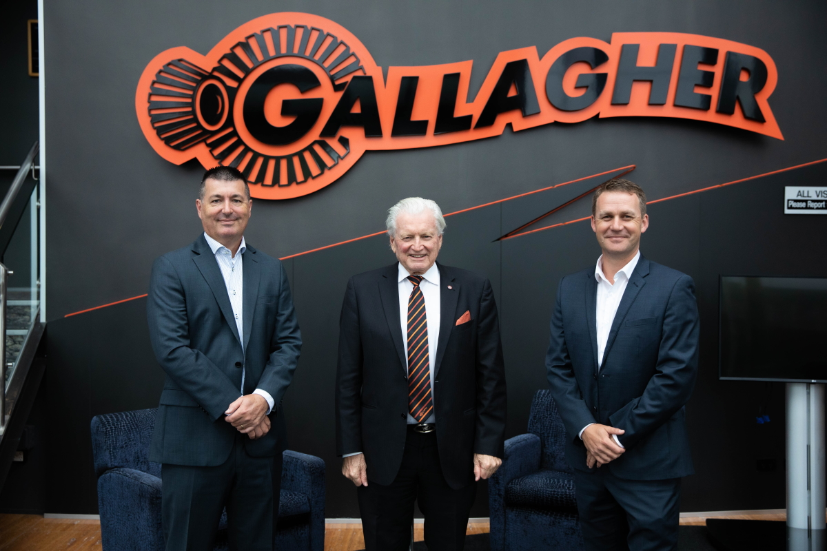 From l-r: Steve Tucker, Executive Chair; Gallagher; Sir William Gallagher, President of Gallagher Holdings; and Kahl Betham, CEO Gallagher Group.