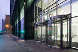 Bothwell Exchange, a new construction commercial space in Glasgow, Scotland, has installed an array of Speedlane Slide optical turnstiles and two TQA automatic revolving doors from Boon Edam.