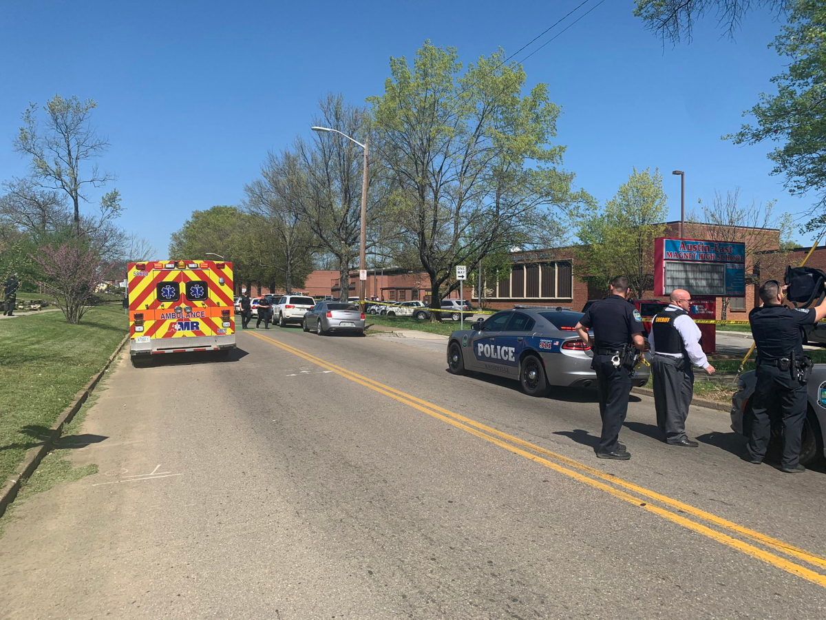 The scene at Austin-East Magnet High School in Tennessee, as seen in a photo posted on Twitter by the Knoxville Police Department on Monday, April 12, 2021.