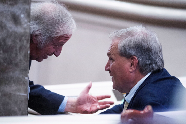 Rep. Mike Ball (left) and Senator Tim Melson speak after the medical cannabis bill was passed in the House Chamber of the Alabama Statehouse in Montgomery, Alabama on Thursday, May 6, 2021.