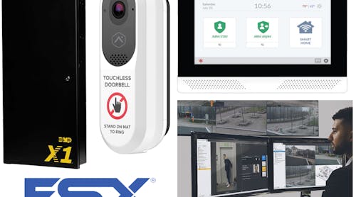 ESX Innovation Award category winners included the DMP X1 (left), the Alarm.com Touchless Doorbell (center), the 2GIG EDGE panel (upper right) and AXIS Camera Station Secure Entry (lower right).