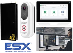 ESX Innovation Award category winners included the DMP X1 (left), the Alarm.com Touchless Doorbell (center), the 2GIG EDGE panel (upper right) and AXIS Camera Station Secure Entry (lower right).