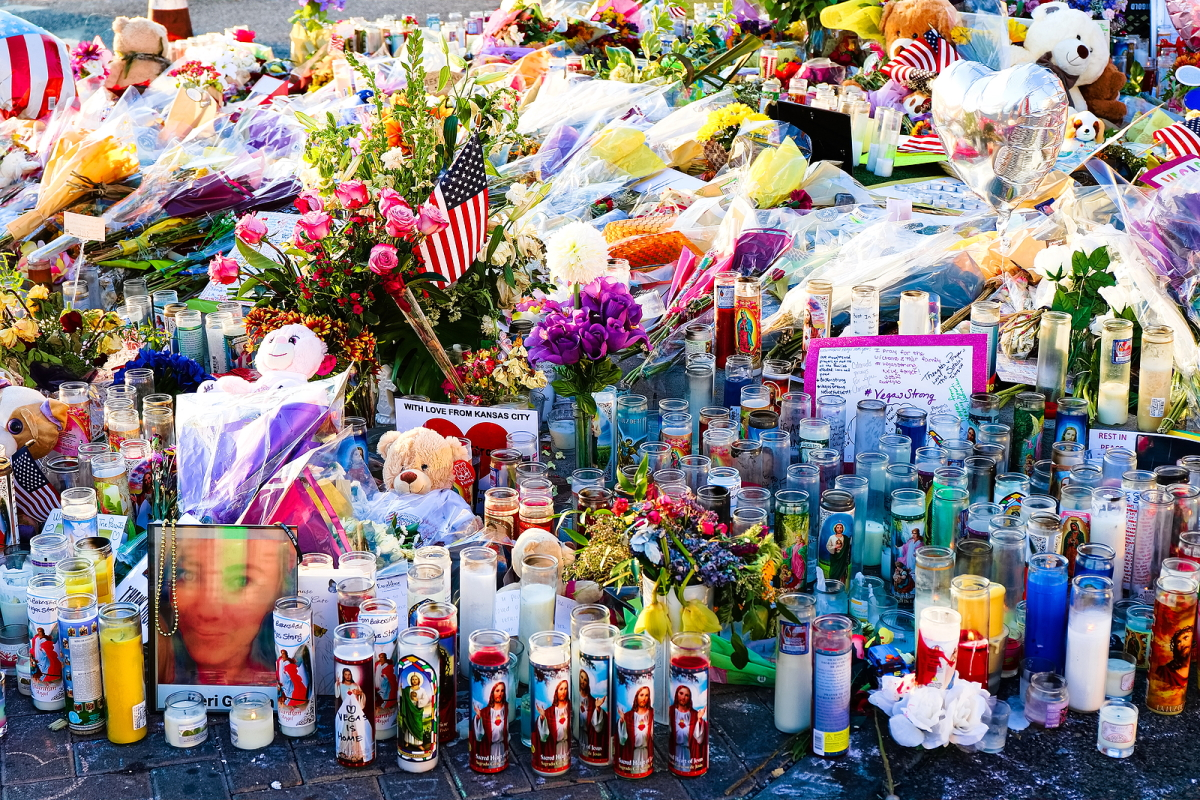 A memorial dedicated to the victims of the Las Vegas shooting on the Las Vegas Strip near the Mandalay Bay resort.