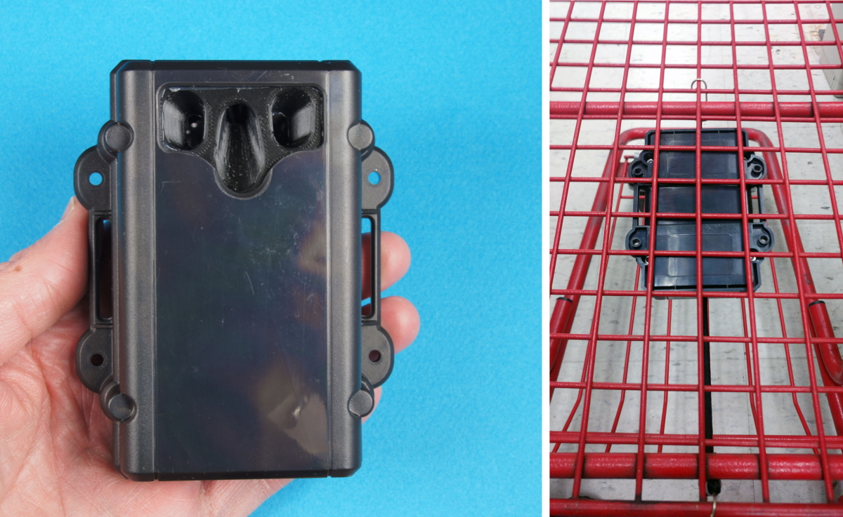 The new BoB sensor from BoB Profit Partners and Phase IV Engineering leverages time of flight and radio frequency identification (RFID) technology to measure the distance between the bottom of shopping carts and their lower shelves to alert shoppers and cashiers to when items are left on the lower rack of the buggy.