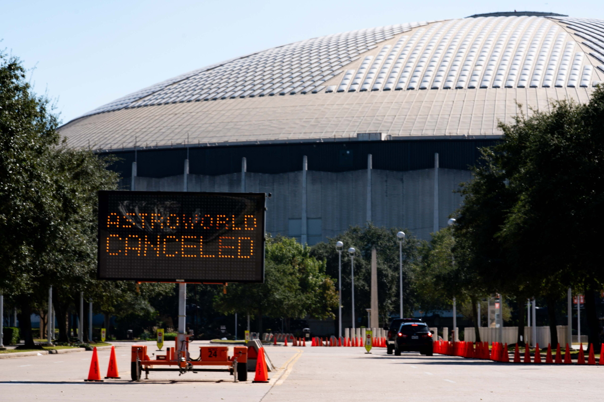 A street sign showing the cancellation of the AstroWorld Festival at NRG Park on Nov. 6, 2021, in Houston.