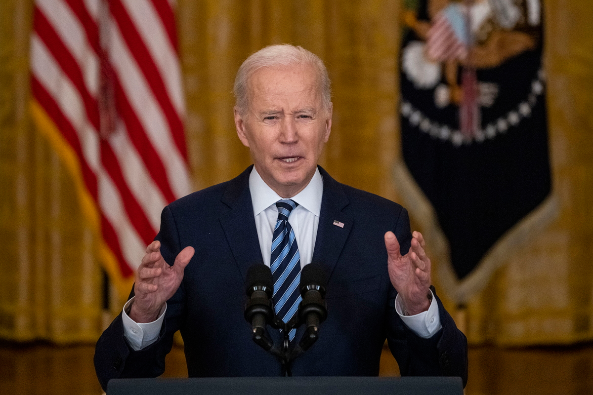 President Joe Biden delivers remarks in the East Room of the White House, giving an update on the situation of Russia's Invasion of Ukraine on Thursday, Feb. 24, 2022, in Washington, DC.