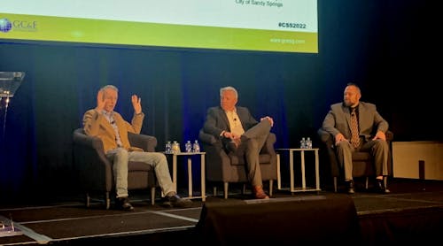 From left-to-right: Steve Hindle, Chief Information Security Officer, Mad Mobile; Dave Wells, Deputy City Manager for the City of Sandy Springs; and Joe Coomer, Vice President of Security, AMB Sports and Entertainment, speak during a panel discussion at the 2022 Converged Security Summit.