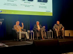 From left-to-right: Steve Hindle, Chief Information Security Officer, Mad Mobile; Dave Wells, Deputy City Manager for the City of Sandy Springs; and Joe Coomer, Vice President of Security, AMB Sports and Entertainment, speak during a panel discussion at the 2022 Converged Security Summit.