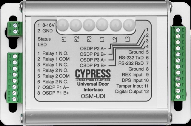The Cypress OSDP Universal Door Interface (OSM-UDI) is used with an OSDP reader and an OSDP panel to control and monitor door hardware through OSDP messages.