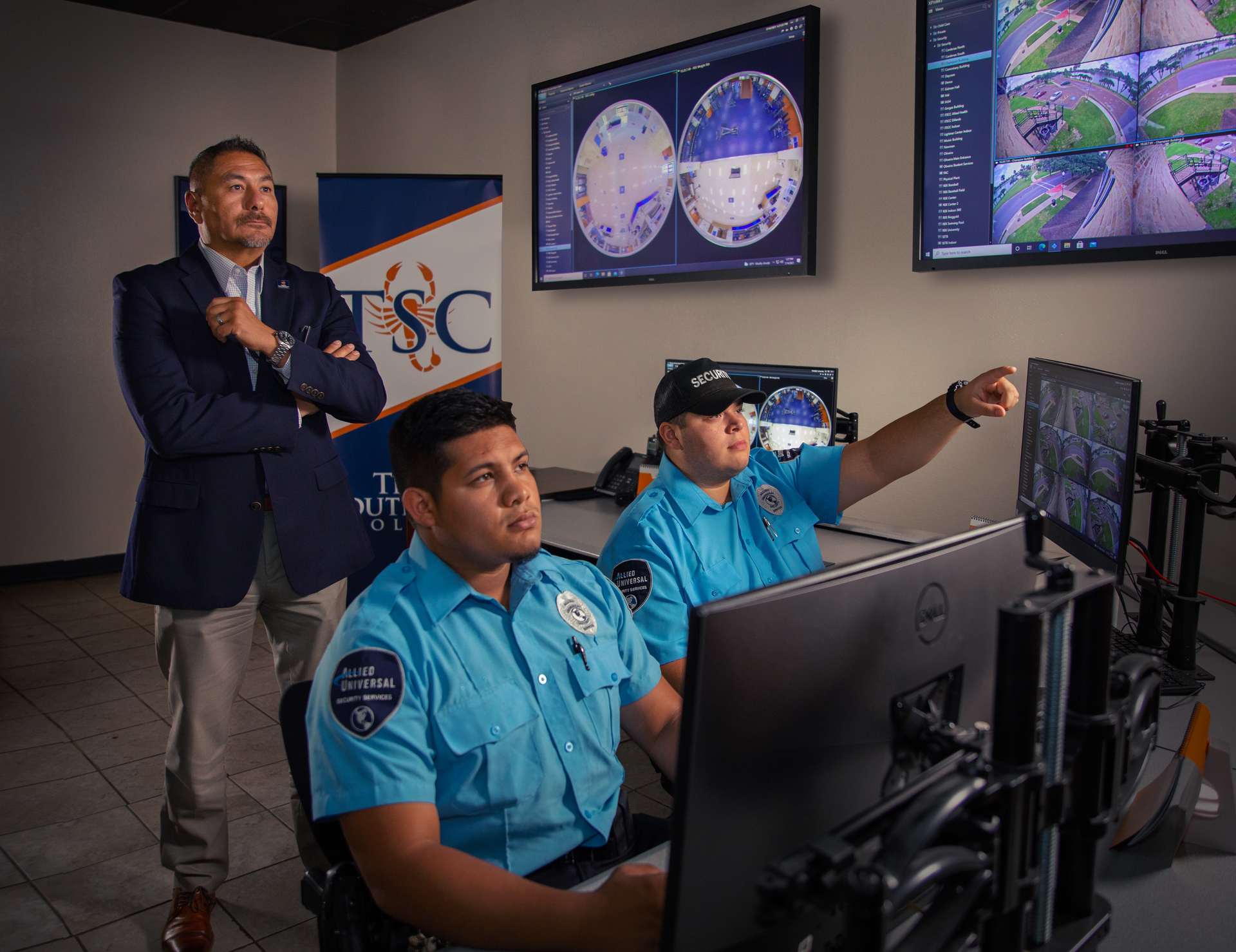 Safety and Security Executive Director Jaime Salazar of Texas Southmost College supervises staff in the command center.
