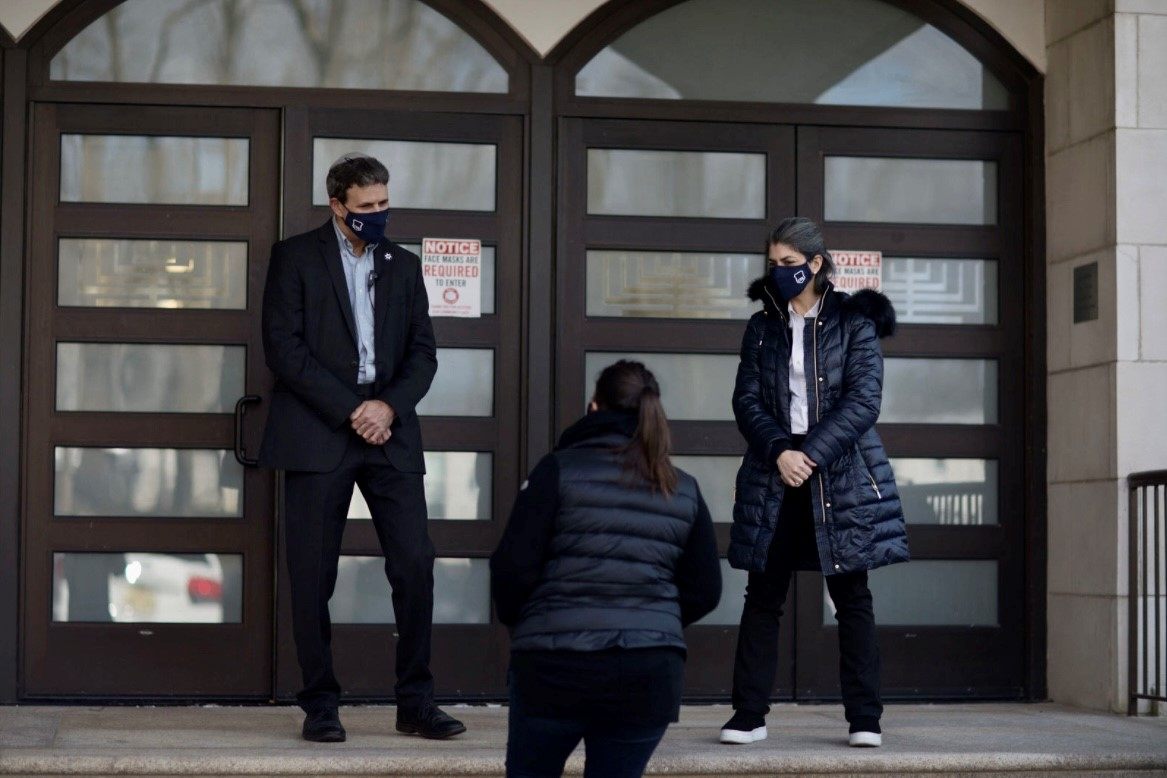 Trained security volunteers from The Community Security Service (CSS) outside of a synagogue. The organization trains volunteers in basic security procedures to help protect their institutions and events across the country.
