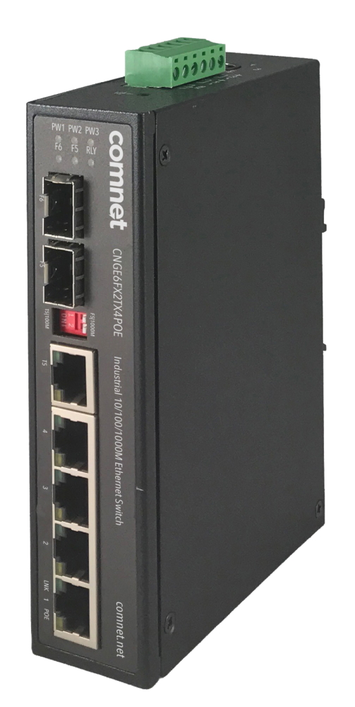 The ComNet CNGE6FX2TX4PoE is a six-port switch that offers four Gbps TX ports that support the IEEE802.3at standard and provide up to 30 watts of PoE to PDs.