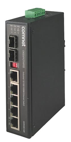 The ComNet CNGE6FX2TX4PoE is a six-port switch that offers four Gbps TX ports that support the IEEE802.3at standard and provide up to 30 watts of PoE to PDs. The ComNet CNGE6FX2TX4PoE is a six-port switch that offers four Gbps TX ports that support the IEEE802.3at standard and provide up to 30 watts of PoE to PDs.